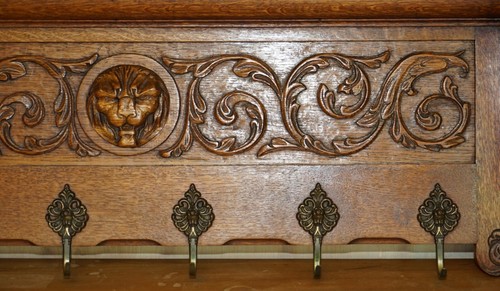 FINE DUTCH HEAVILY CARVED OAK COAT HAT SCARF WALL RACK HANGER LION HEAD CARVED - Picture 5 of 12