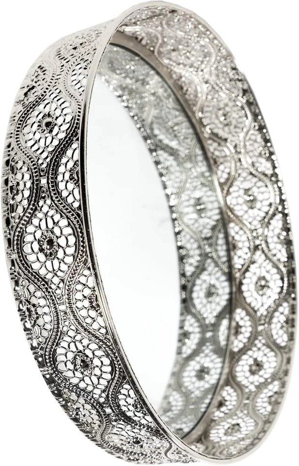 Spiegeltablett, Tablett silber rund, Dekotablett mit Spiegel, Make-up Organizer - Bild 4 von 4