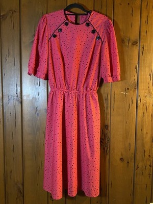   Vtg 80s Sue Sherry New York Pink Black Polka Dot Midi Dress Secretary