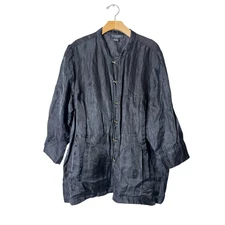 Citron Plus 2X Black Linen-Blend Toggle-Front 3/4 Sleeve Shirt or Light Jacket