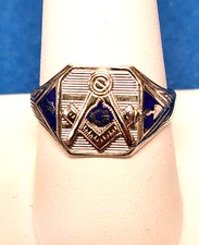 Vtg. 10K White Gold Masonic Ring w/Blue Enamel - Sz 9 - 5g