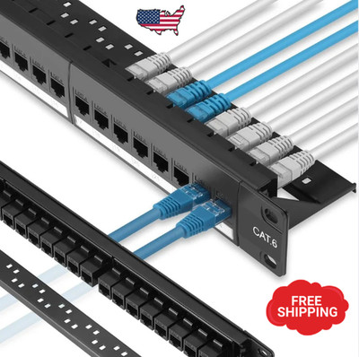 24 Port Cat6 Patch Panel, 10G Pass-Through Keystone RJ45 Coupler, UTP 19-Inch 1U
