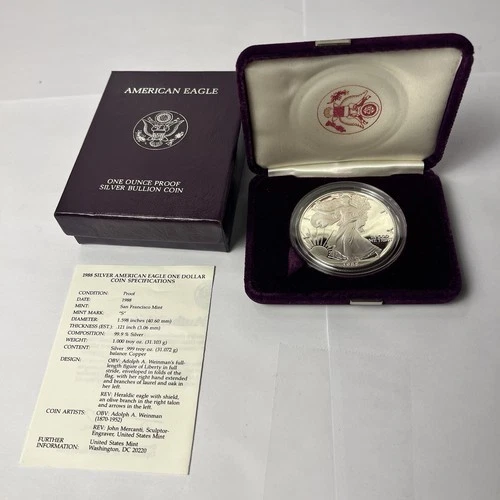 1988-S Proof American Silver Eagle Dollar - .999 Silver W/ Box & COA