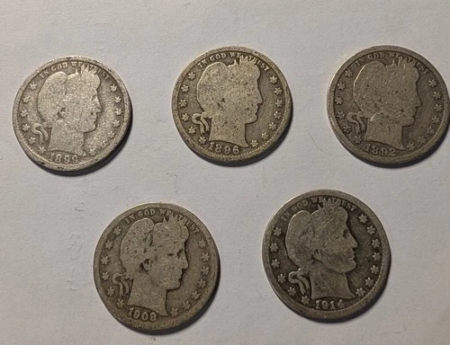 Barber Quarter Lot 1908-d, 1898, 1896, 1892, 1914