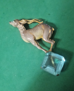 Vtg Coro Craft Sterling W/Gold Wash Blue Glass Enamel Gazelle Brooch. 3 3/4"