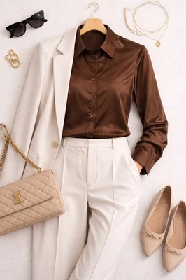 Chemisier blouse Femme Satiné Marron L - Photo 1/3