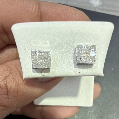 14k White Gold natural Diamond 0.25 CTs Square Cluster Stud Earrings Screw Back