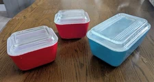 Pyrex Vintage Refrigerator dishes, 502 Blue and two 501 Red. Free SHIPPING.