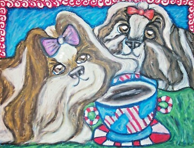 Shih Tzu with Coffee Folk Pop Art Print 5 x 7 Signed by Artist KSams Collectible