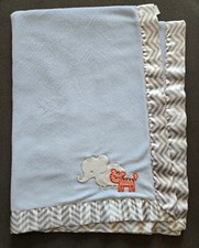 Carters Just One You Baby Blanket Blue Elephant Tiger Gray Chevron Satin Trim