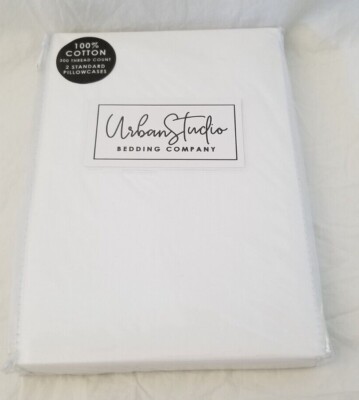 2 pc Urban Studio 300 TC 100% Cotton White Standard Pillowcases (1 Pair) NIP