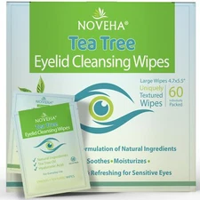 NOVEHA 60PCs Tea Tree Oil Eyelid & Lash Wipes | With Hyaluronic Acid Green Te...