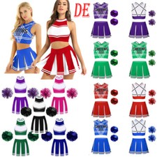 DE Damen Cheer Leaderin Uniform Mit Pompoms Halloween Karneval Kostüm Tanzkostüm