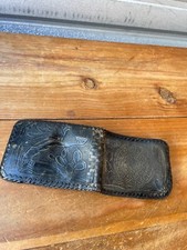 Vintage Hand Tooled Embossed Bifold Genuine Leather Wallet Mexico Black Aztec