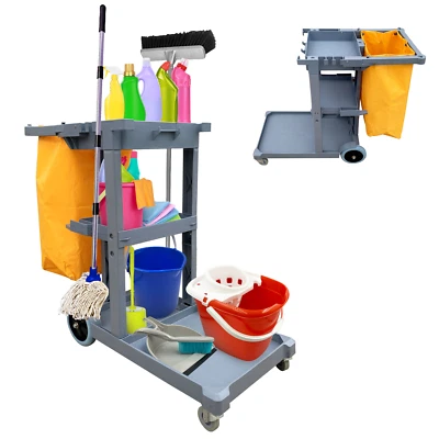 THE DUSTPAN AND BRUSH STORE Cleaning Trolley On Wheels Janitorial Housekeeping Caddy Storage Cart 3 Tier