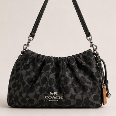 Coach Faye Shoulder Bag in Signature Jacquard Black Ruched Drawstring Crossbody
