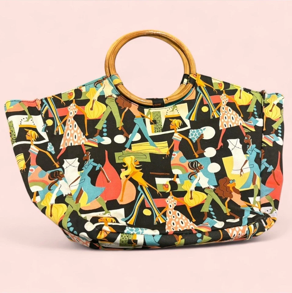 Bolso de Mano Neiman Marcus Arte Pop Mujer Estampado Años 60 Mod Estilo Retro Asas de Bambú Y2K Foto 2 de 4