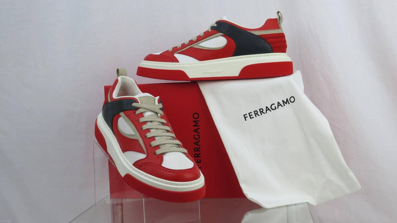 Ferragamo — NIB FERRAGAMO CASSINA RED BLACK LEATHER  LOGO LACE UP SNEAKERS 12 M ITALY