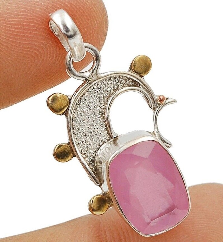 Two Tone Natural Rose Quartz 925 Sterling Silver Pendant Jewelry @9-9
