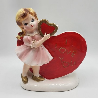 Vtg Relpo Valentine Planter Girl Heart I Love You Ceramic Vase Planter