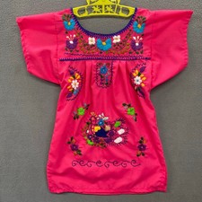 Floral Embroidered Mexican Dress Toddler 12-24mos Hot Pink Folk Art Bird