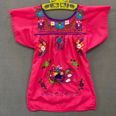 Floral Embroidered Mexican Dress Toddler 12-24mos? Hot Pink Folk Art Bird