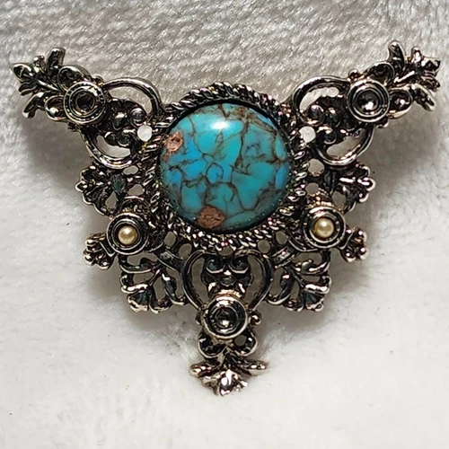Vtg Sarah Coventry Brooch Pin Turquoise Gem Costume Jewelry Southwest Statement