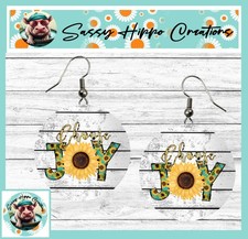 Earrings Round Silver Hook Backs Rustic Choose Joy Sunflower Wooden Flowers