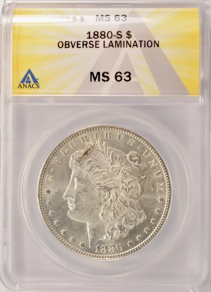 1880-S $1 dólar Morgan inclusión de escoria anverso ANACS MS63 Foto 3 de 4