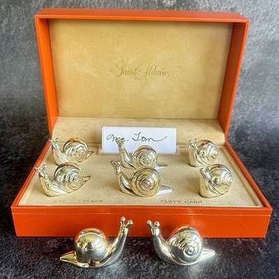 Vintage Saint Hilaire Paris Snail Place Card Holders Set 8 Gold Tone Rare W/Box