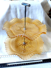 2 Tier, Vintage, Art Deco Cake Stand, Frosted Glass Lovely Soft Orange Colour.