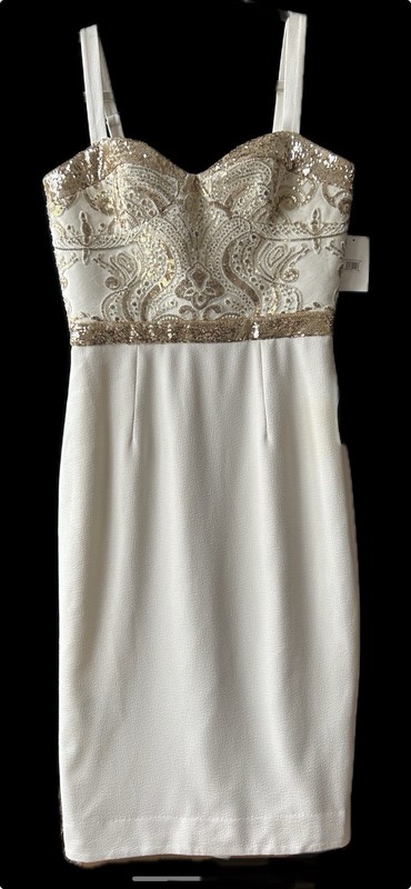 Dress the Population Silvia Ivory/Gold Sequence Sz M Evening Dress Formal NWT