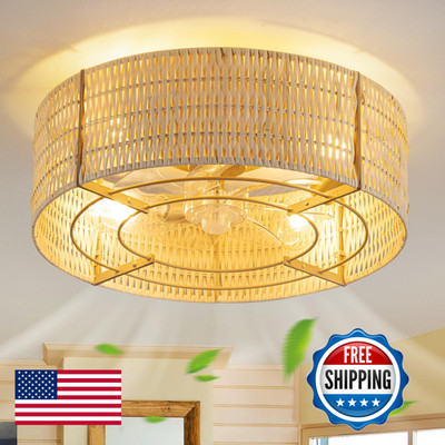 Okes Boho Caged Ceiling Fan Lights Flush Mount17.7 Rattan Fandelier Ceiling Fan