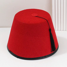 Red Moroccan Fez Hat with Tassels - Breathable Wool Felt Turkish Cap for Men  W