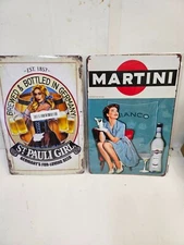 Pair of Repro  8" x 12" Vintage Looking Liquor Signs - Martnini St Pauli Girl