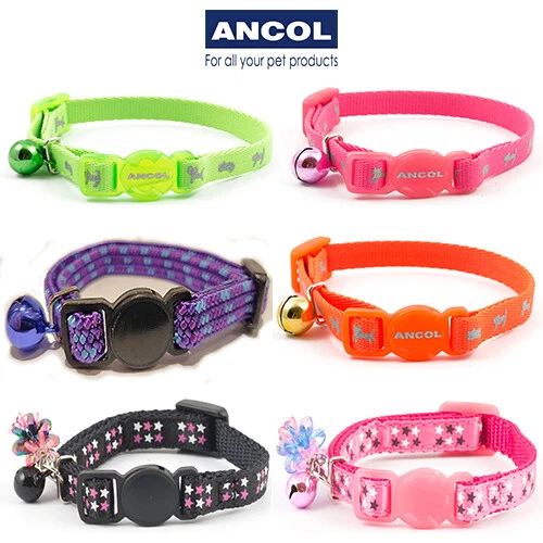 Ancol Kitten Collar Luxury Safety Bell Hi Vis Green Pink Orange Purple  Black