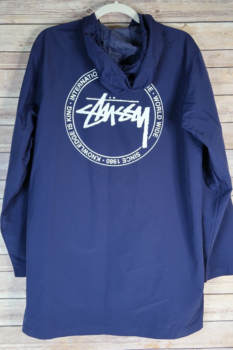 stussy スポーツ　アウター　Lサイズ Mens Stussy Long Hooded Windbreaker Jacket Sz M Navy Blue