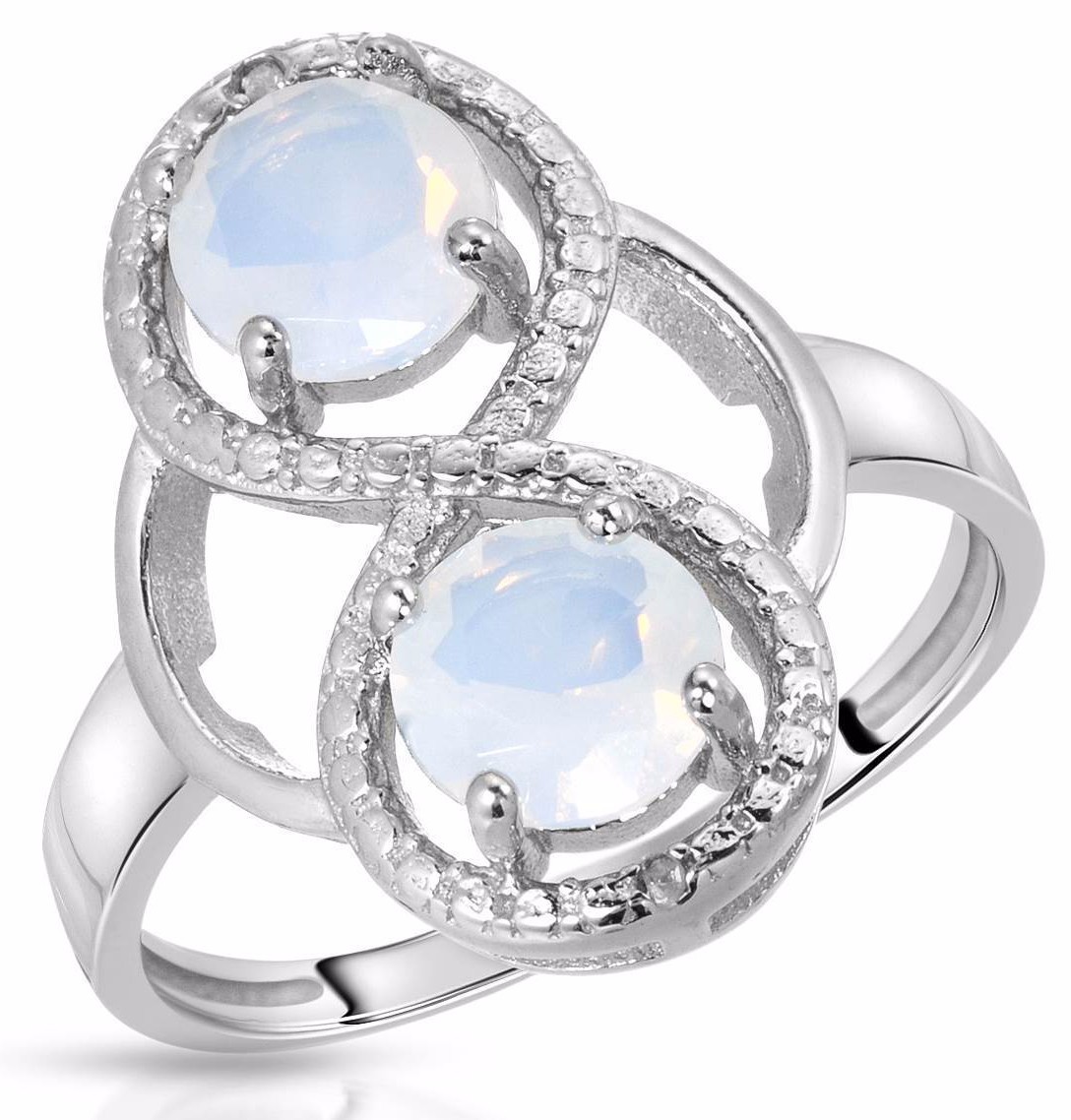 Elegant Ladies Engagement Ring with Created Opals and Diamond in 925 Sterling Silver, Size 7.0 US-image