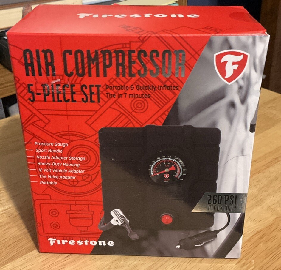 Firestone 5 Piece Air Compressor Set 260 PSI Portable Car Lighter Powered