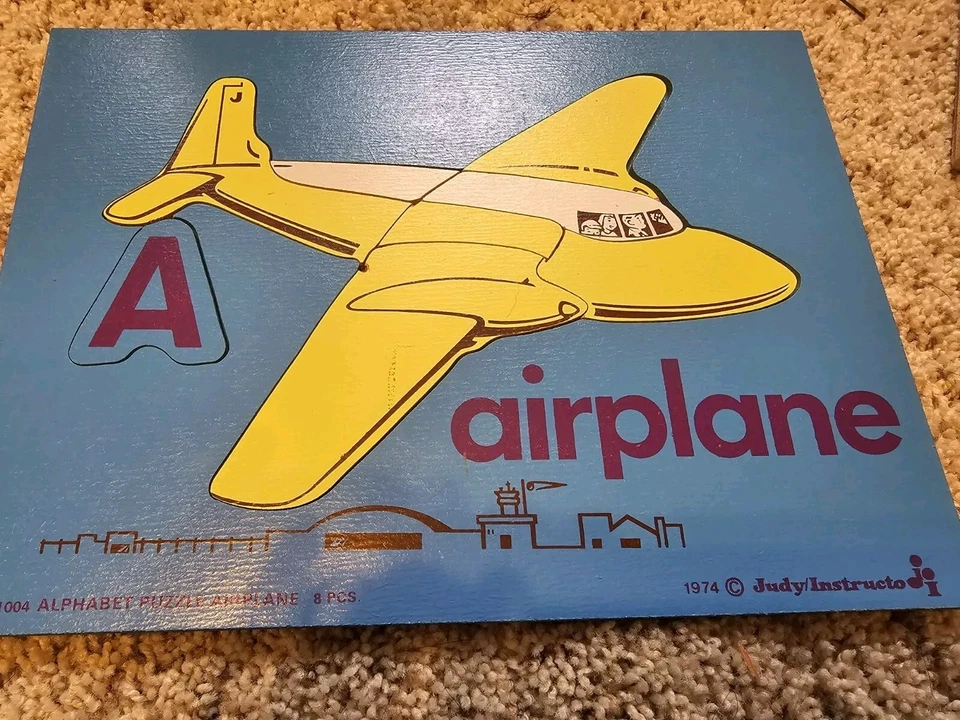 Quebra-cabeça bandeja de madeira vintage Judy Instructo A Is para alfabeto de avião anos 70 1974 brinquedo - Imagem 3 de 4