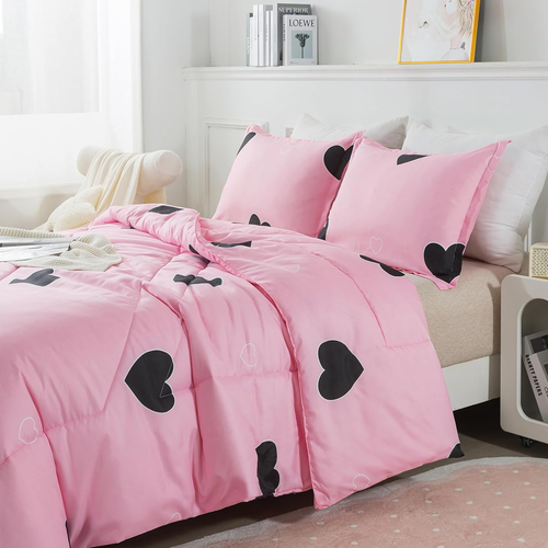Love Pattern Girls Pink Comforter Set Full Size, Blush Pink Cute Love Heart Sexy - Picture 6 of 12