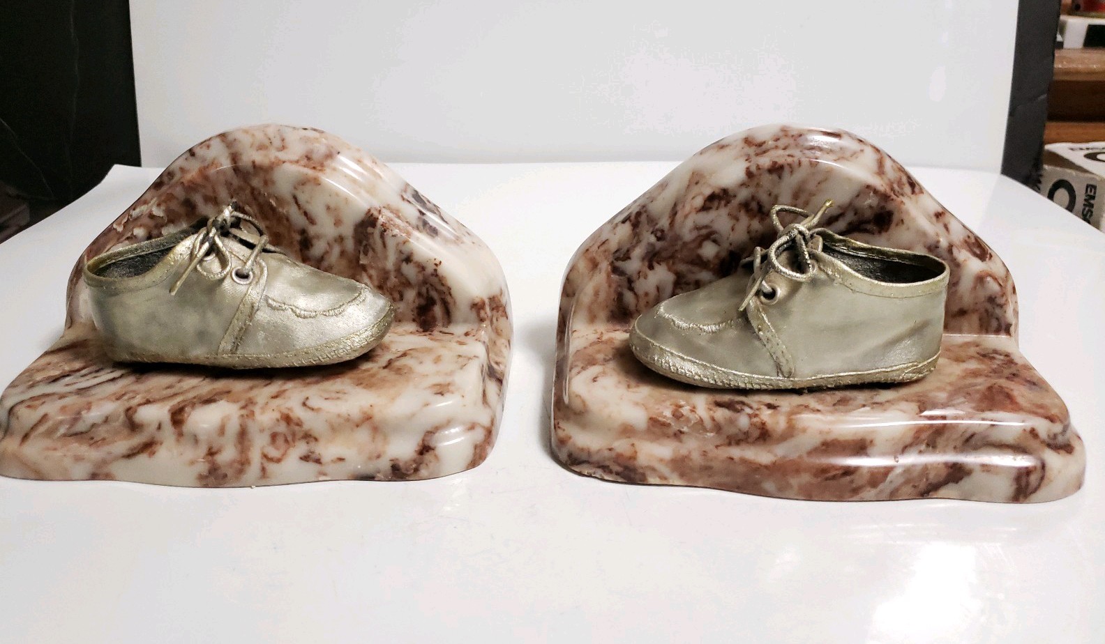 Vintage Silver Dipped BABY SHOE BOOKENDS on Polished Marble Granite Bases 5 Lbs+