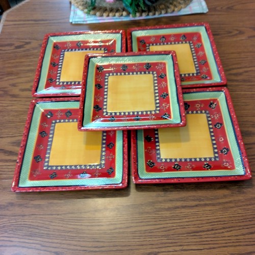 Set of 5-Corsica Home RUMBA 10.5" Square Ceramic Dinner Plates, Hand Painted