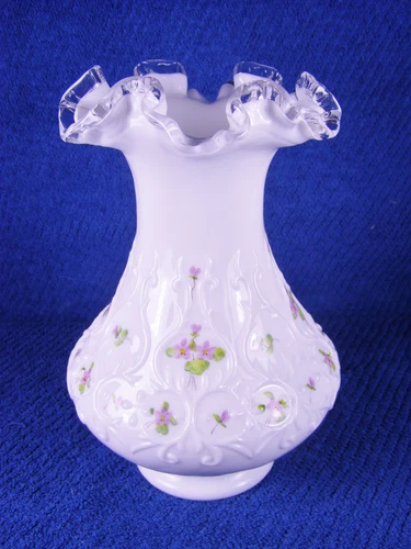 Vintage FENTON Hand Painted SPANISH LACE Milk Glass Vase with Crest
