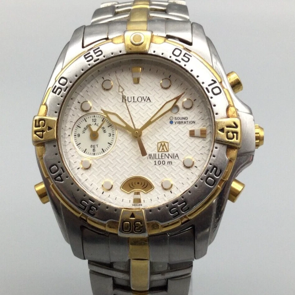 Vtg Bulova Millennia Watch Men 37mm Silver Gold Tone Alarm 98A48  