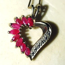 Heart Shape Pendant Marquise Cut Rubies Diamond Accents 925 Yellow Gold Vermeil