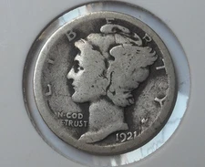 1921 . Mercury Dime . AG . About Good . Simi-Key .