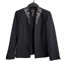 R K Originals Womens Black Herringbone Embroidered Open Front Blazer Jacket Sz 8