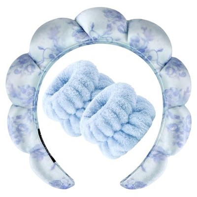  Spa Headband for Washing Face Wristband Set Flower Sponge YG Blue Flowers
