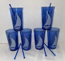 6 HAZEL ATLAS 10oz COBALT BLUE 5" GLASS Sailboat DRINKING Juice Ice Tea Tumbler